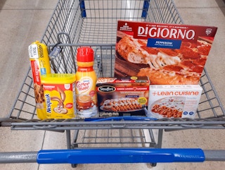 Digiorno, Nesquik, Lean Cuisine, Stouffers, Coffee Mate, and Nestle Toll House products in Walmart shopping cart