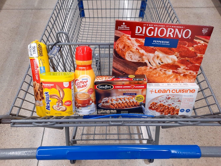 Digiorno, Nesquik, Lean Cuisine, Stouffers, Coffee Mate, and Nestle Toll House products in Walmart shopping cart