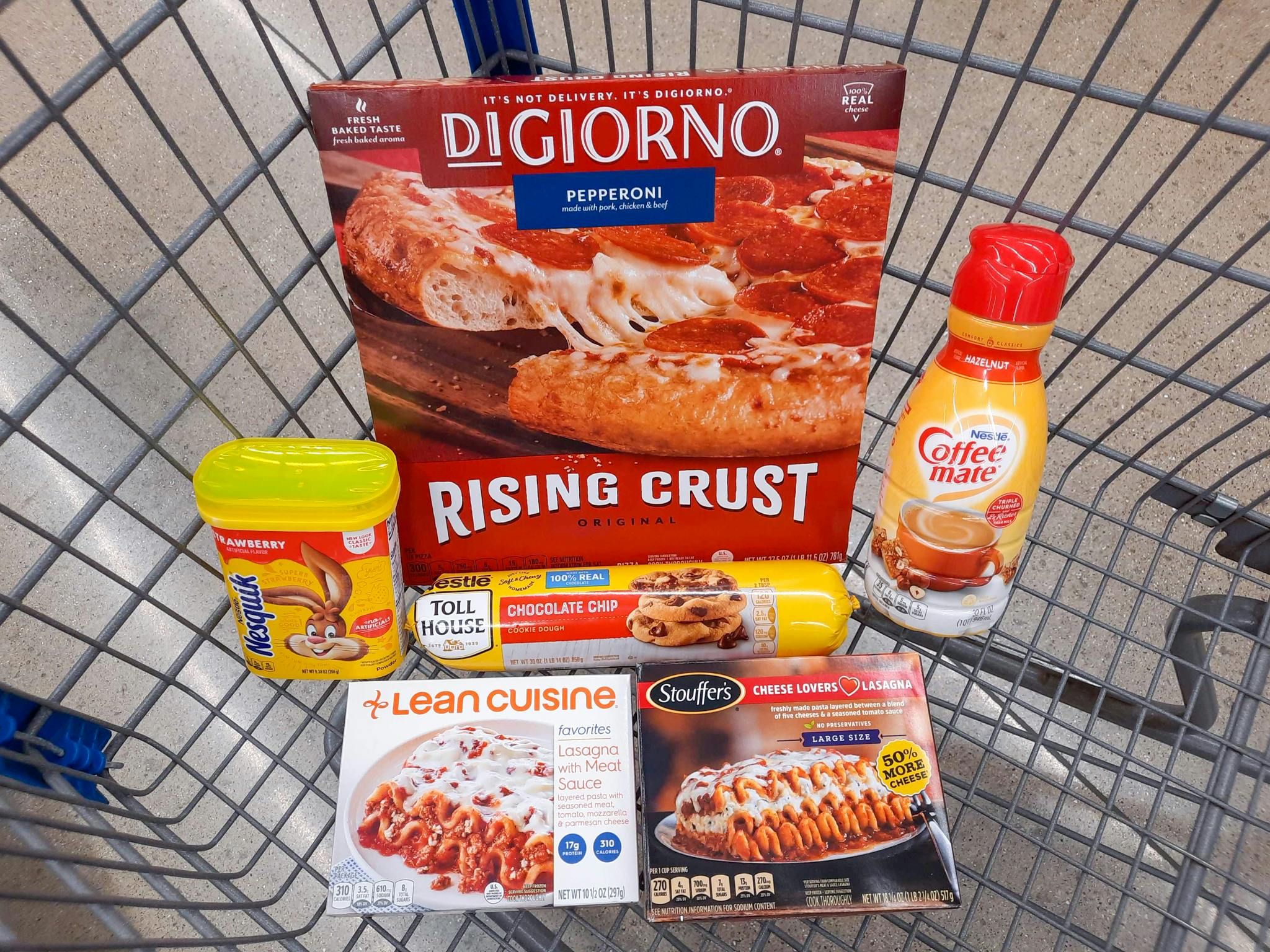 Digiorno, Nesquik, Lean Cuisine, Stouffers, Coffee Mate, and Nestle Toll House products in Walmart shopping cart