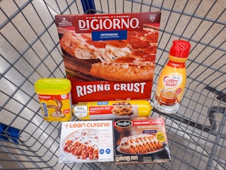 Digiorno, Nesquik, Lean Cuisine, Stouffers, Coffee Mate, and Nestle Toll House products in Walmart shopping cart