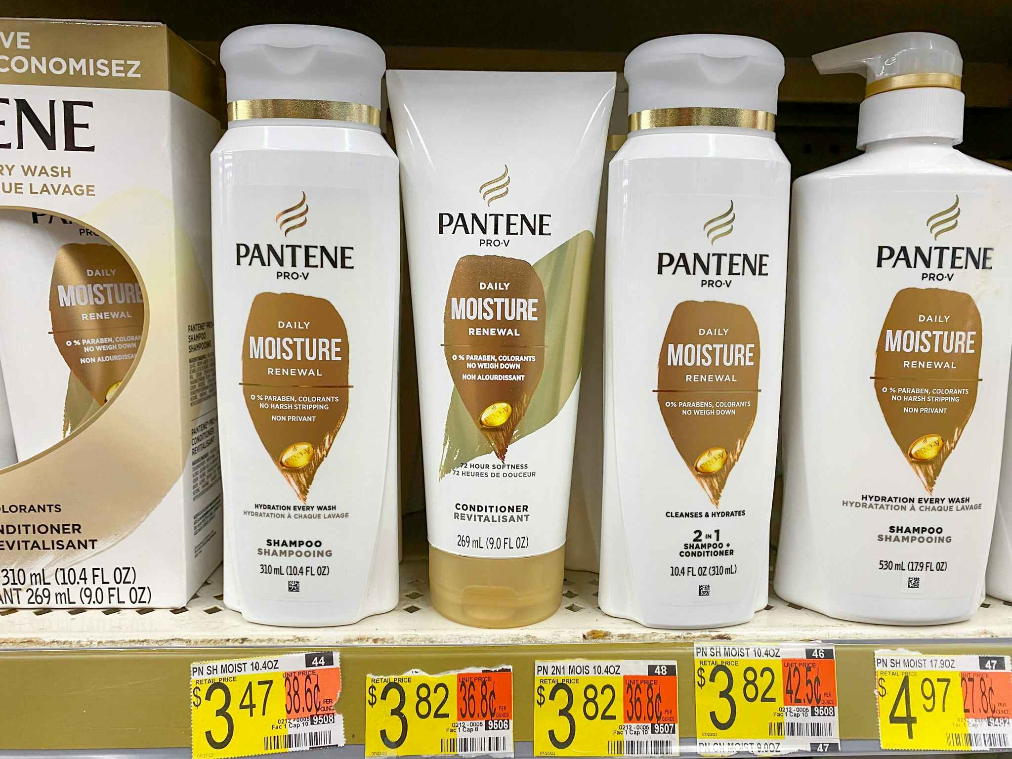 pantene pro v moisture renewal conditioner and shampoo on walmart shelf
