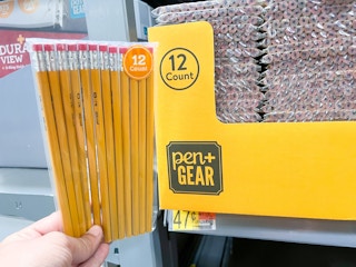 One twelve-count package of Pen+Gear pencils held in front of shelf at Walmart. Price tag on shelf indicates that the price is $0.47.