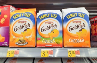 Family size bags of Goldfish on display at Walmart. Price tag on the shelf reads $3.18.