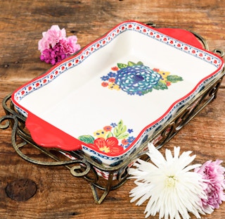 walmart pioneer woman dazzling dahlias ceramic baker with metal rack 2022 1660651497 1660651497