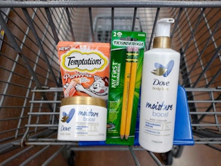 Dove Body Love, Ticonderoga, and Temptations products in Walmart shopping cart