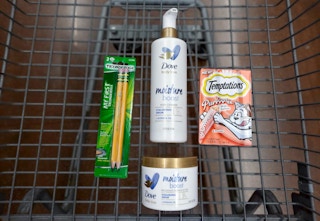 Dove Body Love, Ticonderoga, and Temptations products in Walmart shopping cart