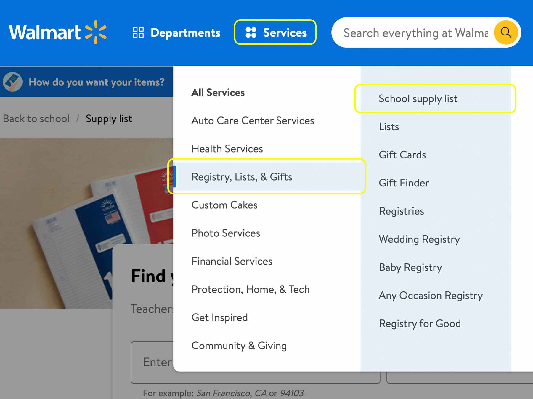Walmart website screenshot with yellow boxes around the services drop down, registry, lists, & gifts, and school supply list.