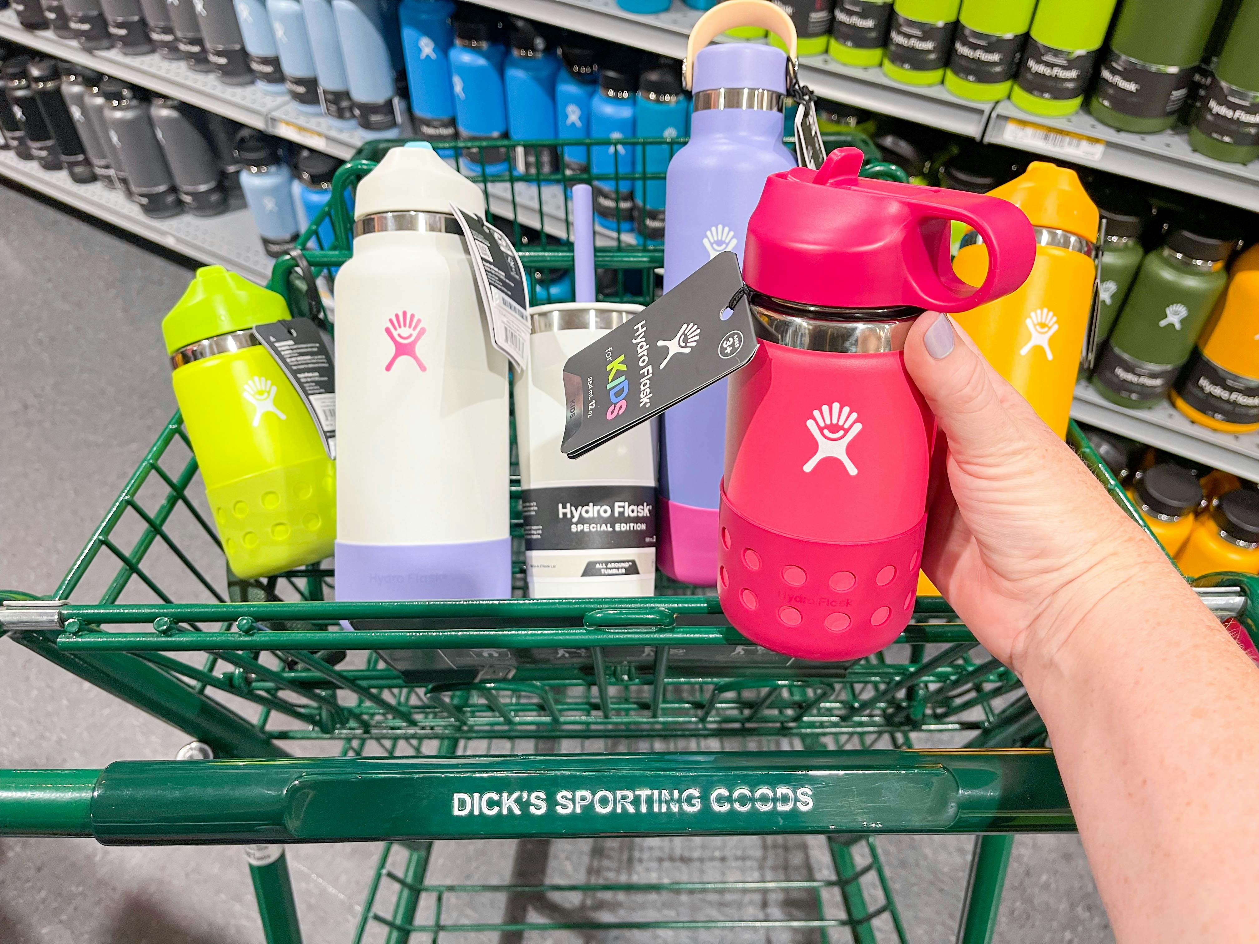 hydro flask water bottle in a dicks sporting goods cart