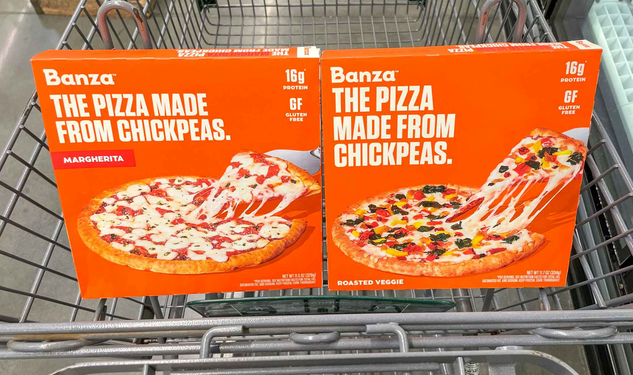 chickpea pizzas in a cart at whole foods