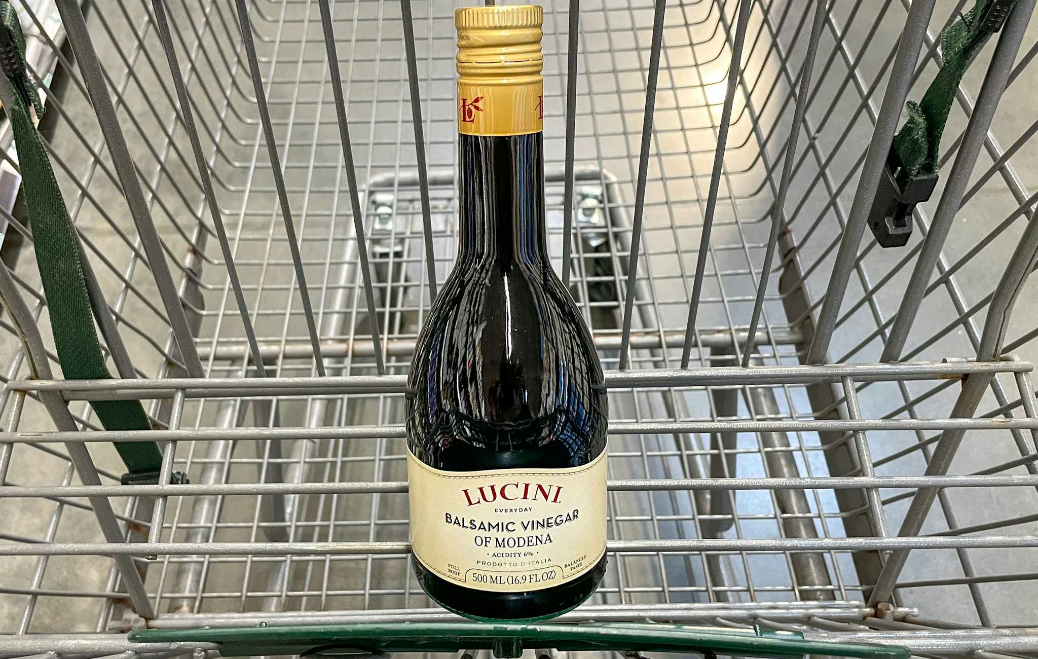 balsamic vinegar in a cart at whole foods 