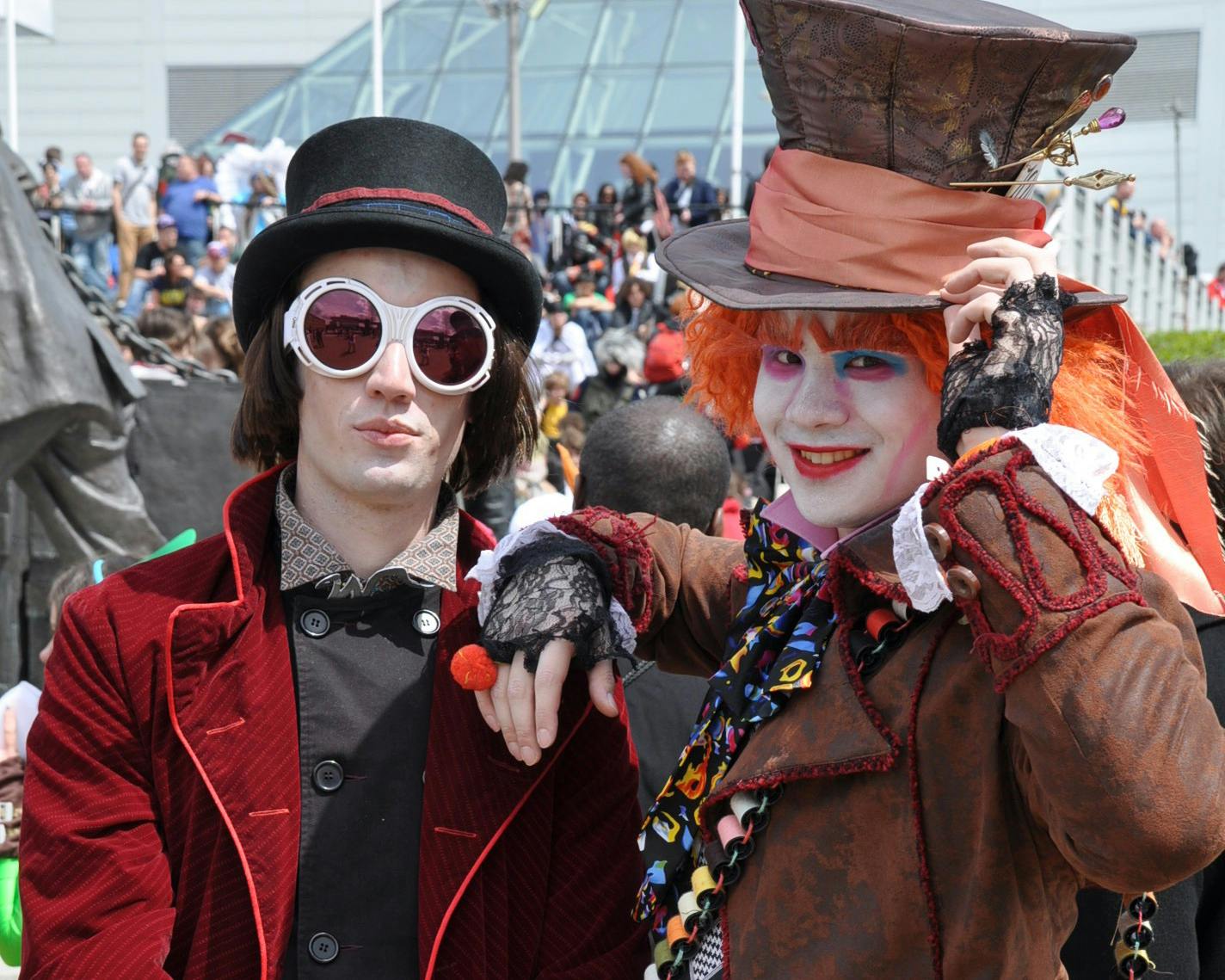 men dressed in DIY Mad Hatter and Willy Wonka costumes