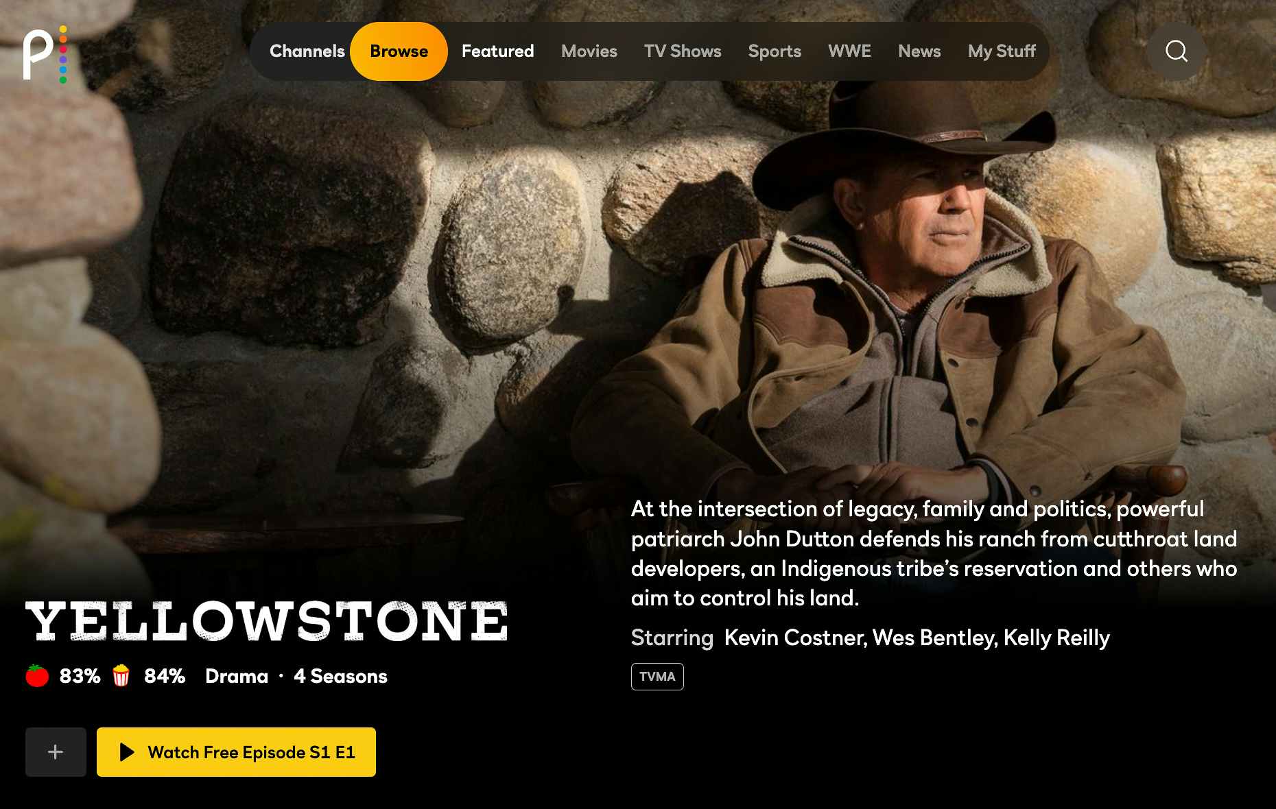 A screenshot from the Yellowstone series page on the Peacock streaming website.