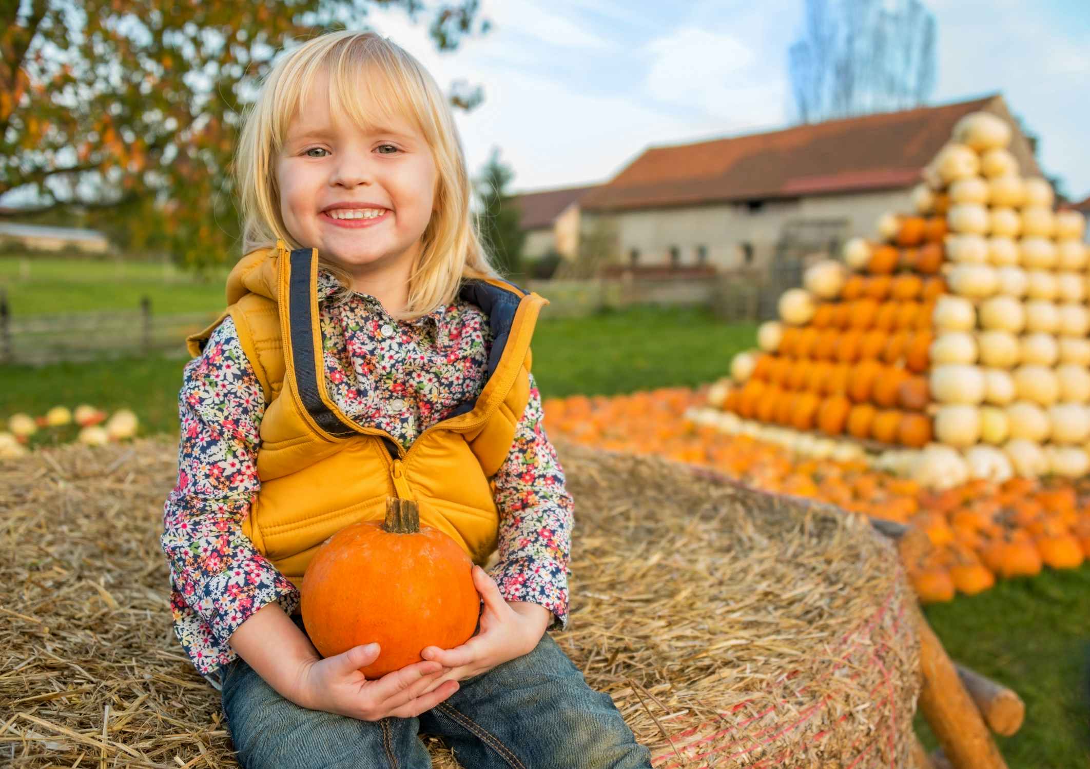 young girl holding pumpkin at patch
