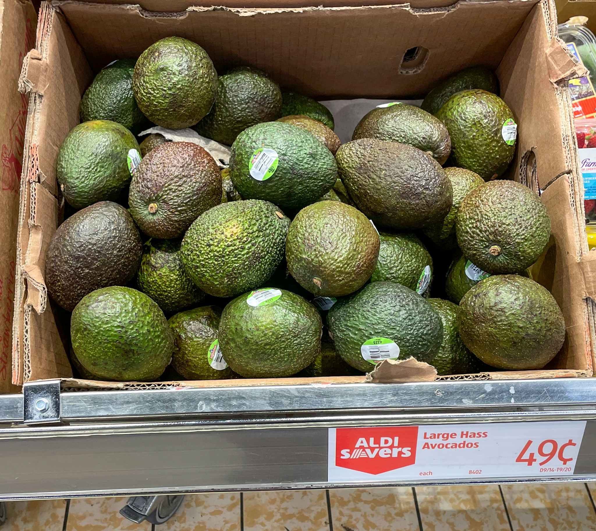 avocados in a box at aldi with sale sign