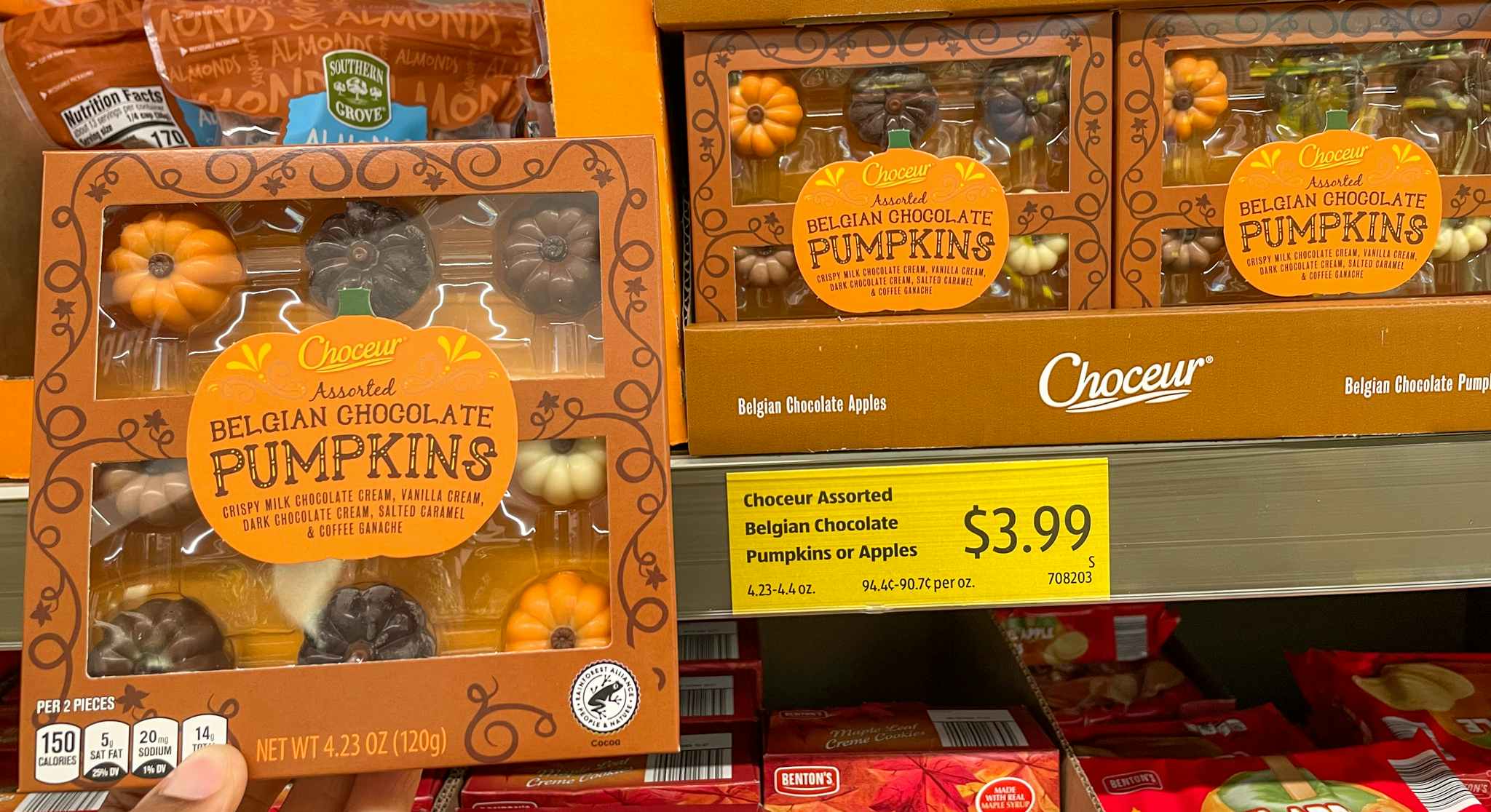 chocolate pumpkins hand held near sale sign at aldi
