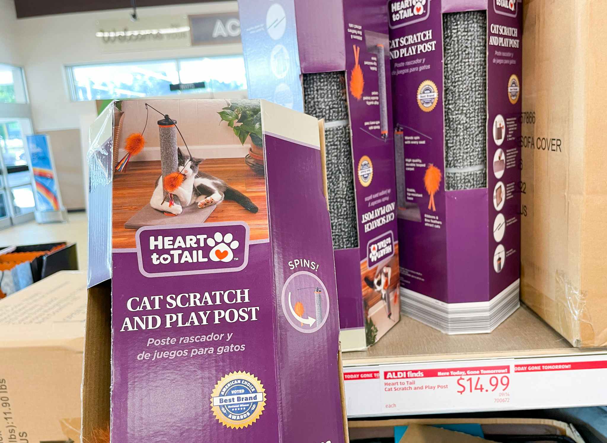 cat scratch post with sale sign at aldi