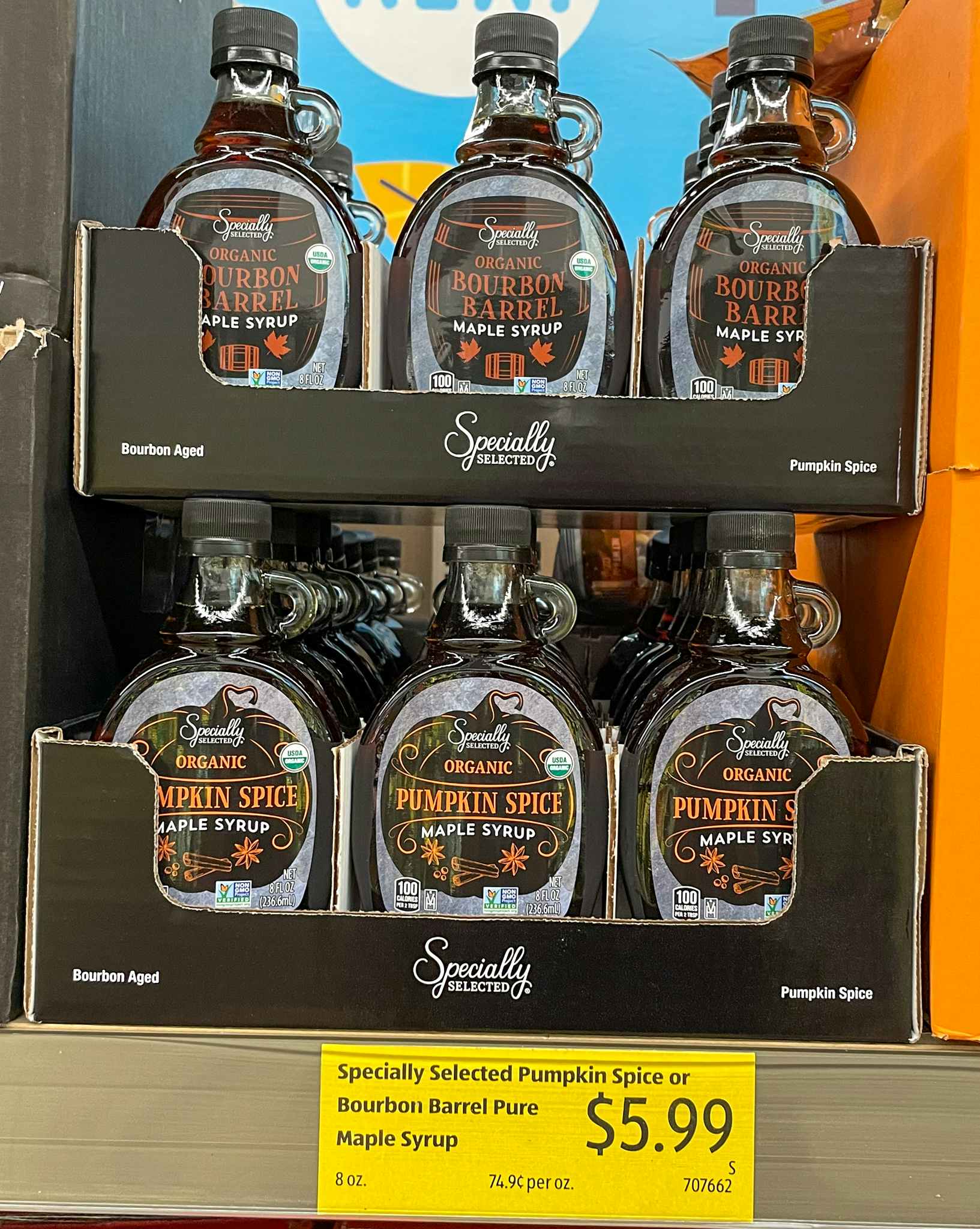 syrup on a shelf with sale sign at aldi