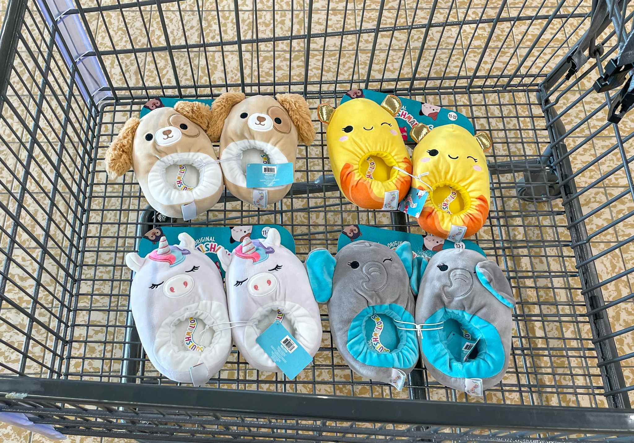 squishmallow slippers in a cart at aldi