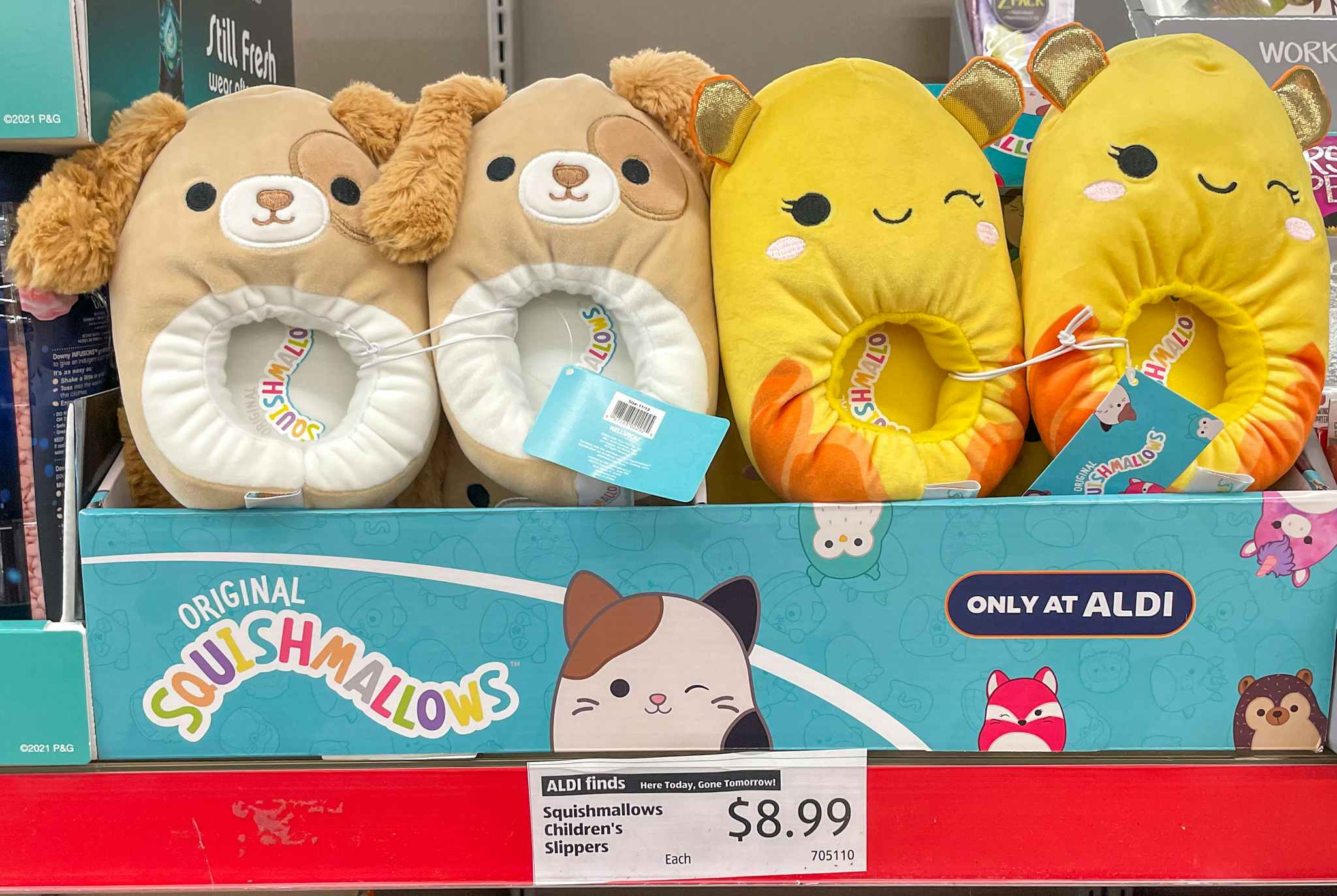 squishmallows slippers with sale sign at aldi