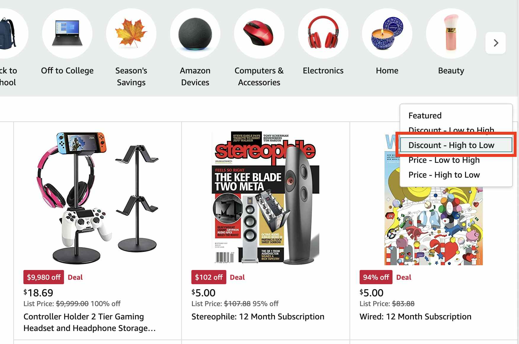 A screenshot from Amazon's daily deals page showing the sorting filter toggled to Discount- High to low