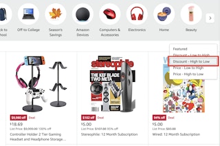 A screenshot from Amazon's daily deals page showing the sorting filter toggled to Discount- High to low