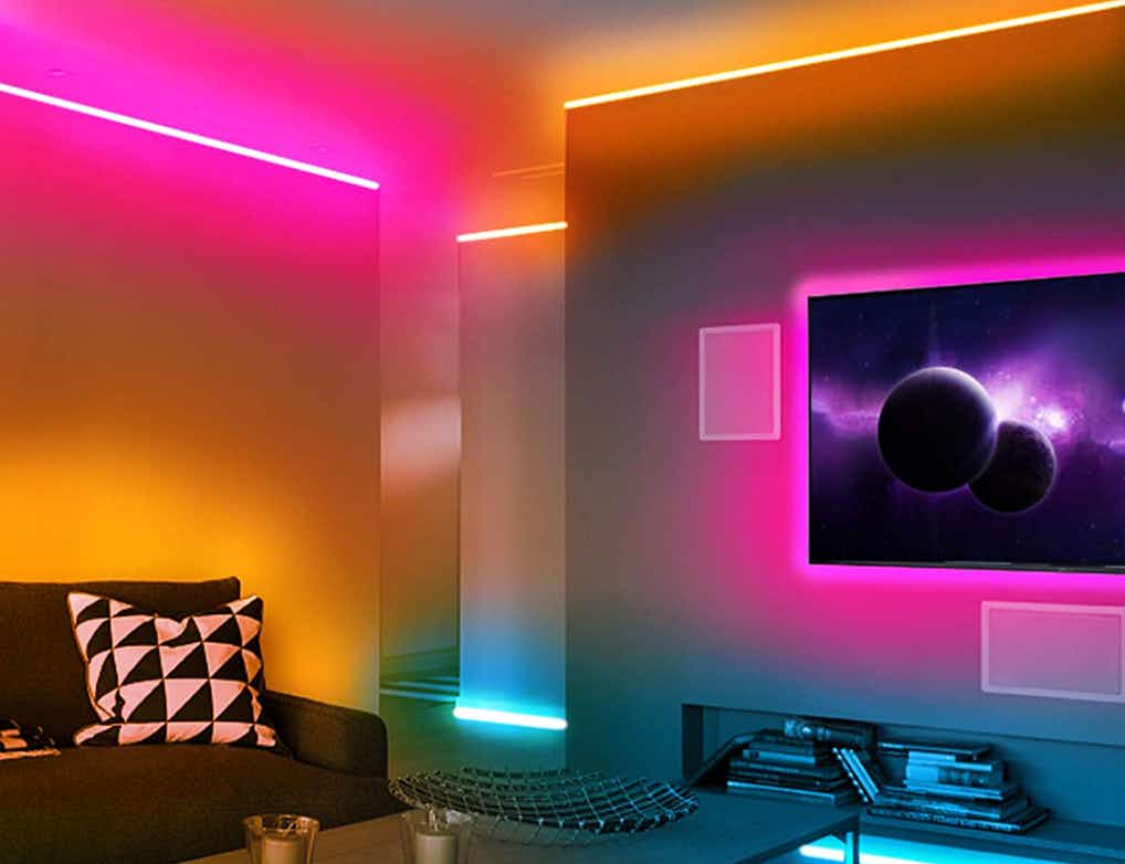 Colorful light strips in a room