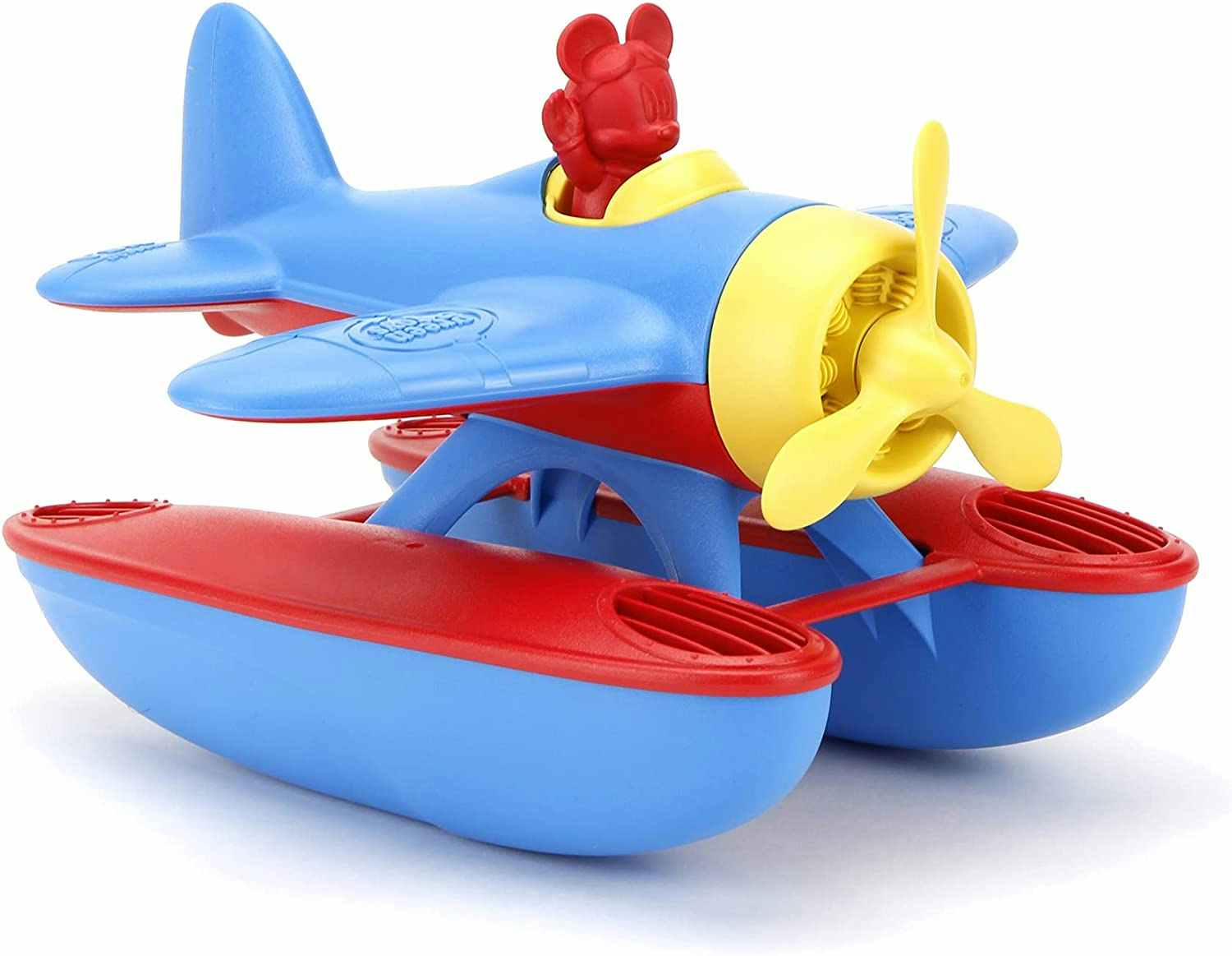 A Green Toys Mickey seaplane on a white background.