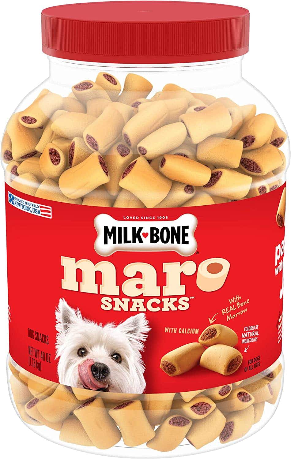A container of Milk-Bone MaroSnacks on a white background.