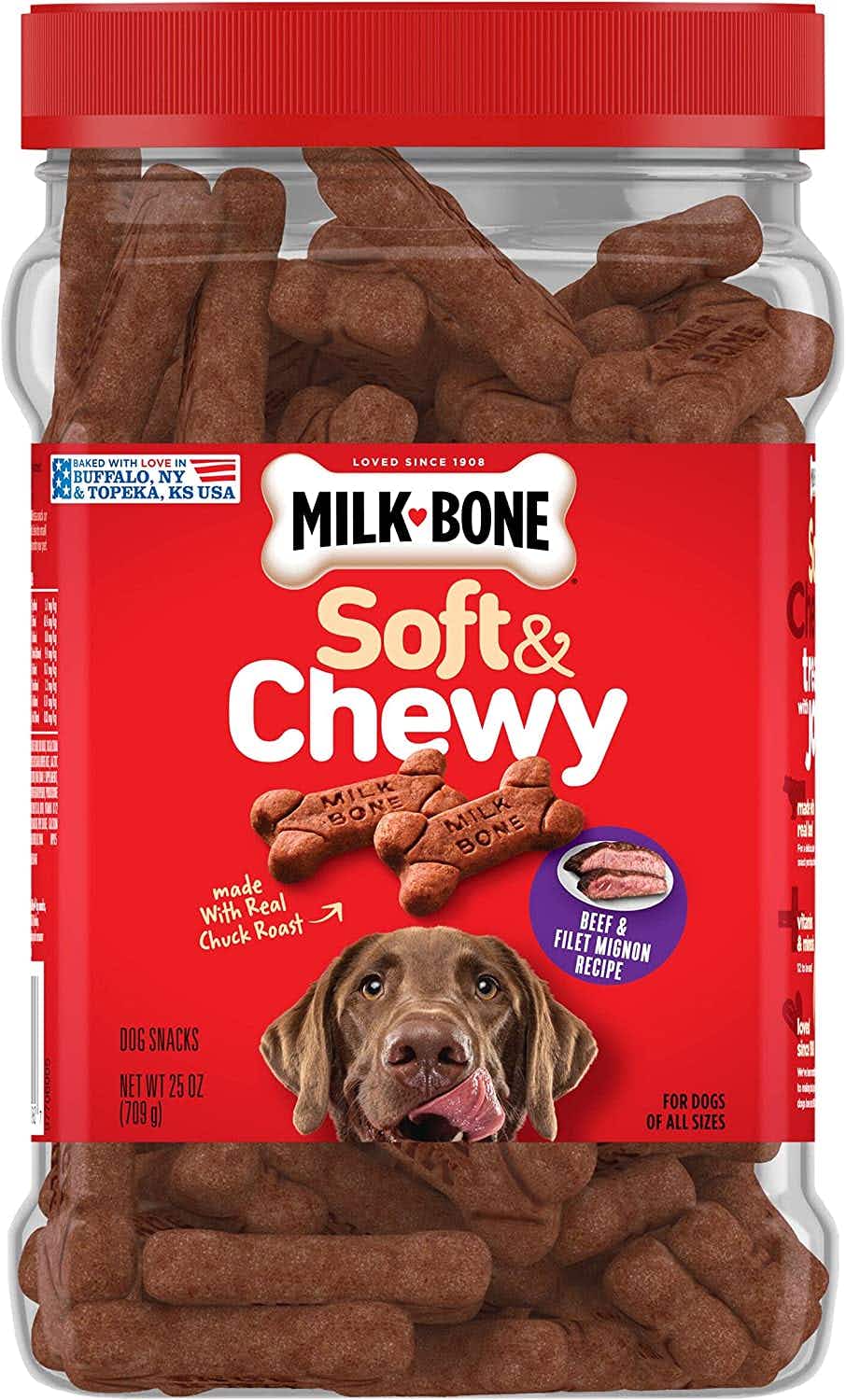 A container of Milk-Bone soft and chewy treats.