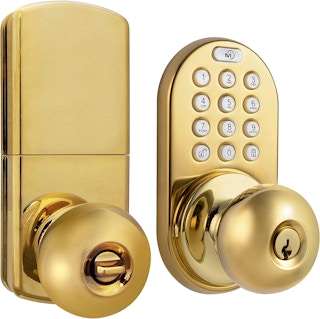 A door lock with a keypad on a white background.