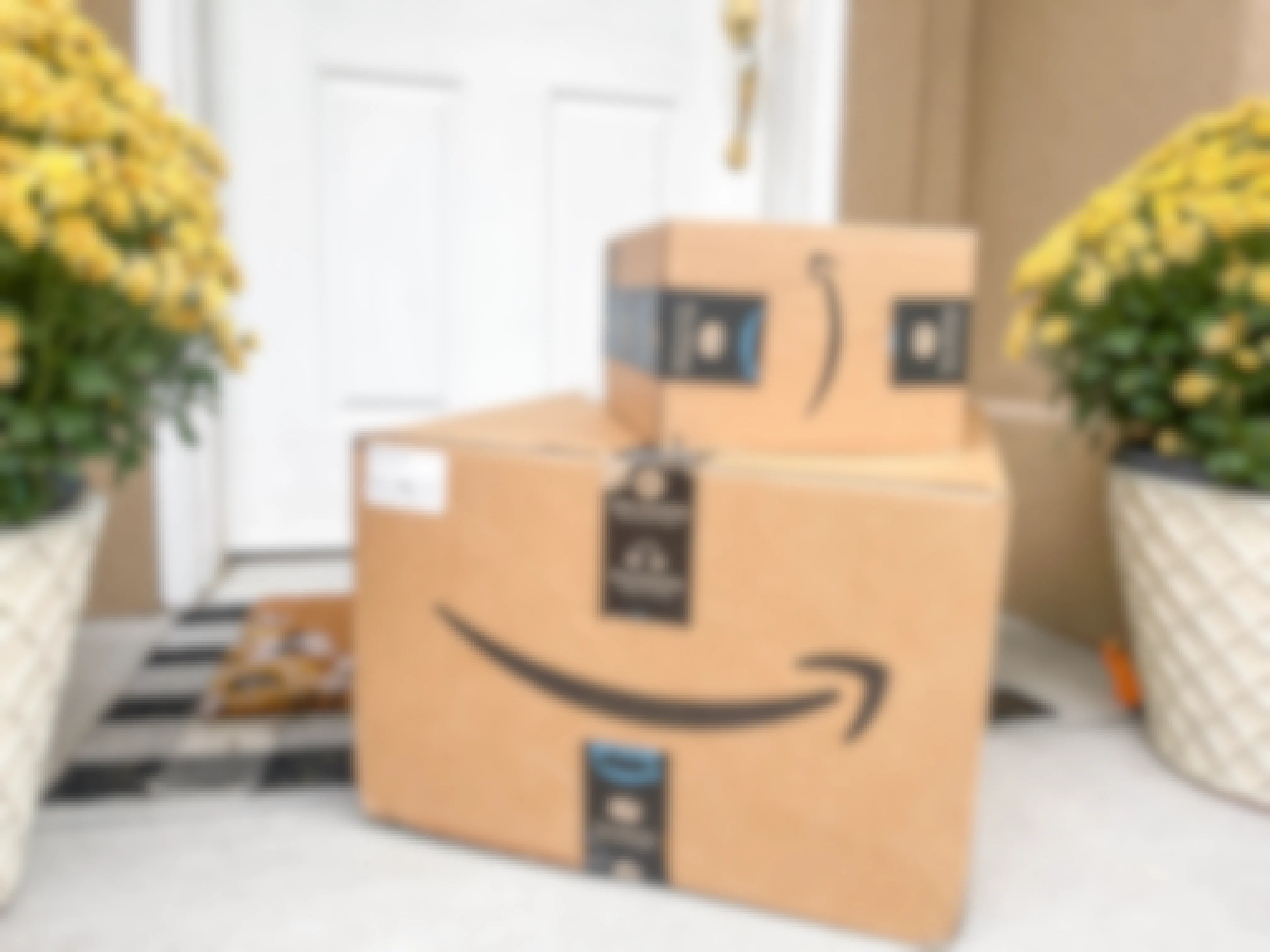 Amazon boxes on a doorstep with fall mums on each side