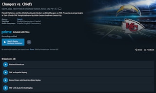A screenshot of the Prime Video viewing options for Thursday Night Football