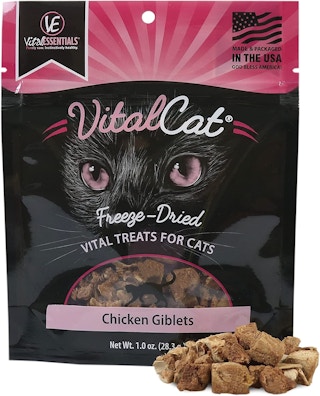 A bag of cat treats on a white background.