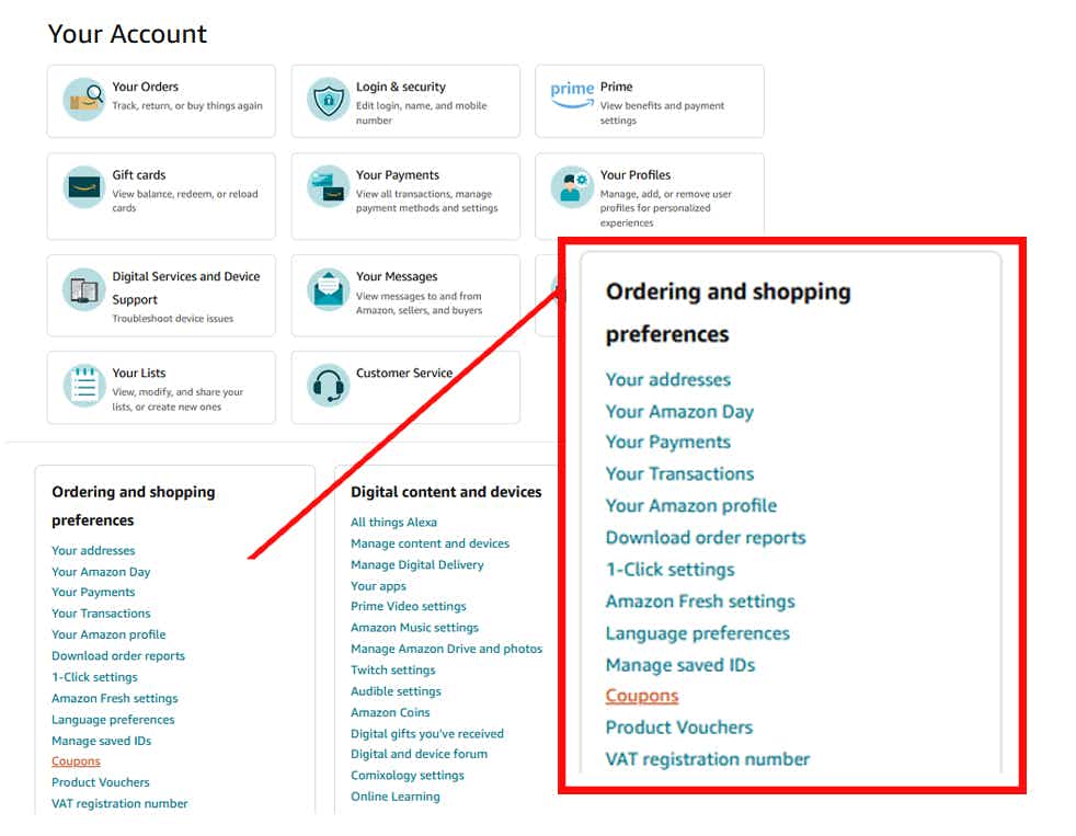 A screenshot of an Amazon "Your Account" page with the Ordering and Shopping Preferences box highlighted in red and the link for coupons in orange.