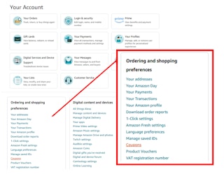 A screenshot of an Amazon "Your Account" page with the Ordering and Shopping Preferences box highlighted in red and the link for coupons in orange.