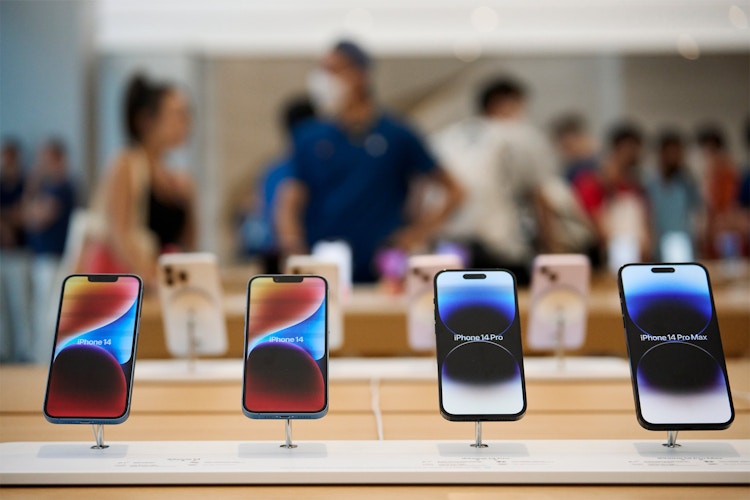 Apple iphone on display in an Apple Store