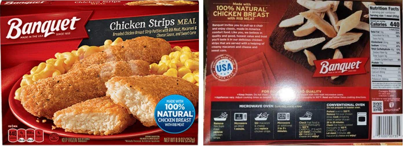 Photo of the front and back packaging of the recalled Banquet Chicken Strips Meal
