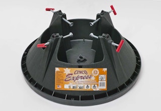 A Cinco Express Plastic Christmas tree stand on a grey background.