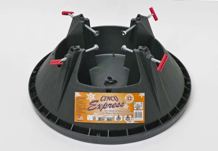 A Cinco Express Plastic Christmas tree stand on a grey background.