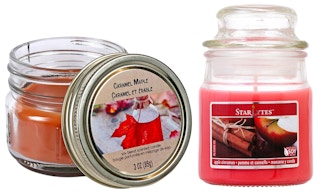 Two fall candles from Dollar Tree on a white background.