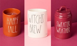 Three fall Rae Dunn jar candles from Homegoods on colorful backgrounds.