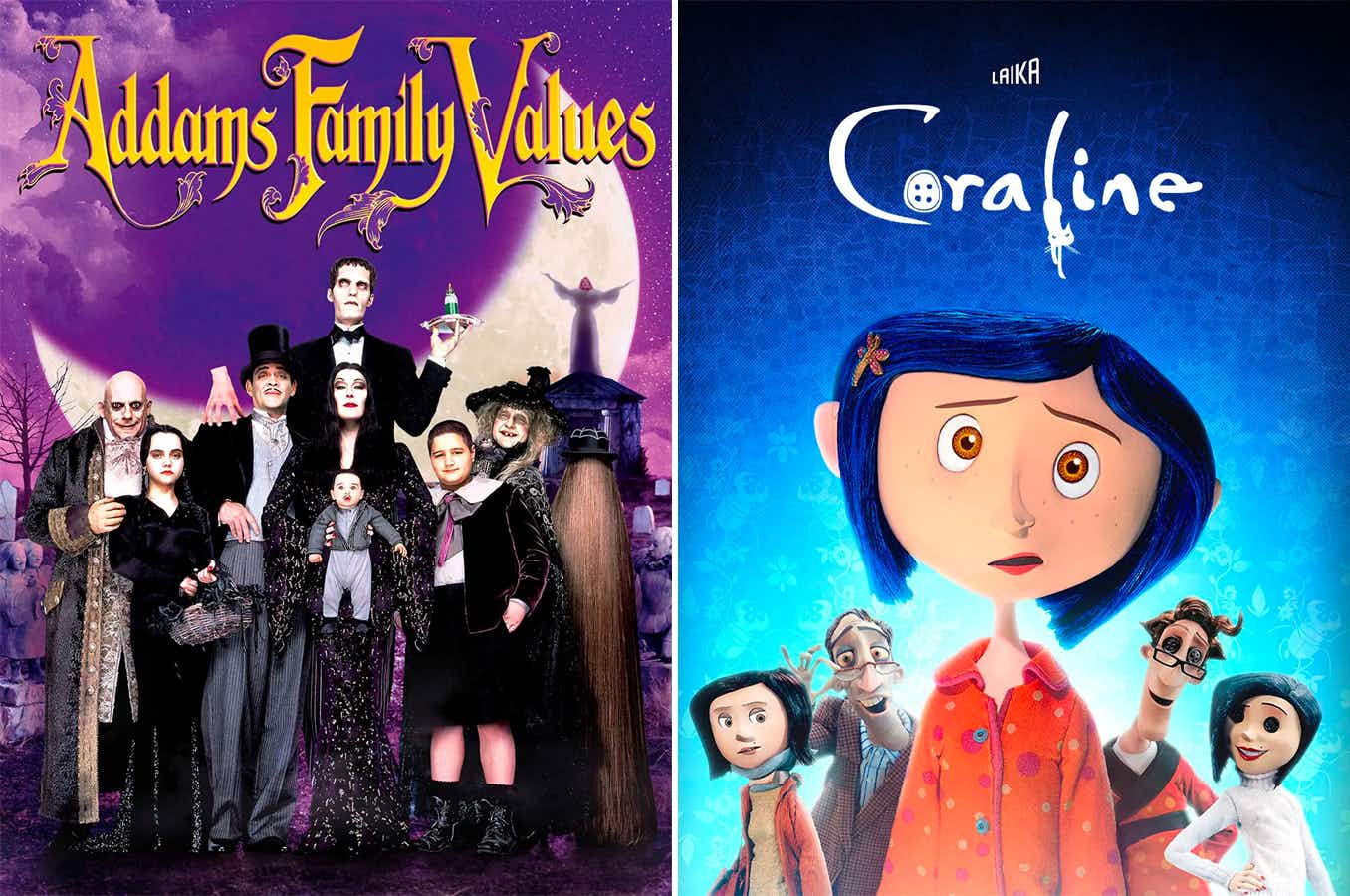 The covers for Addams Family Values and Coraline next to each other.