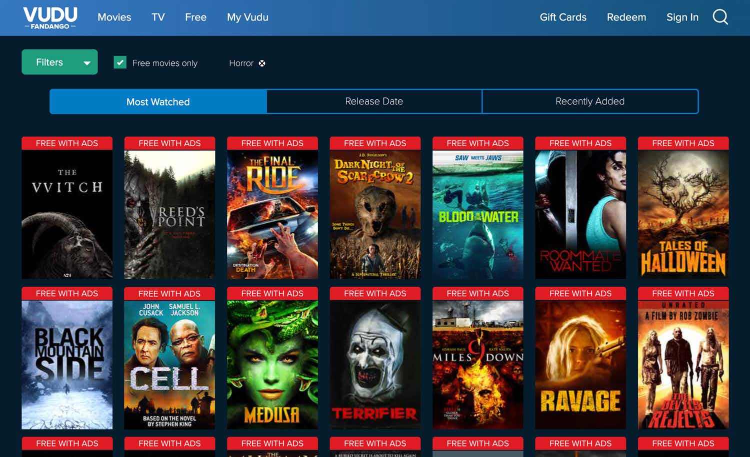 vudu free movie streaming with horror films screenshot