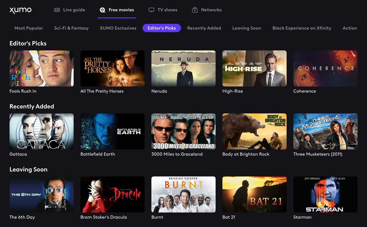 xumo free movie streaming with editor's picks films screenshot