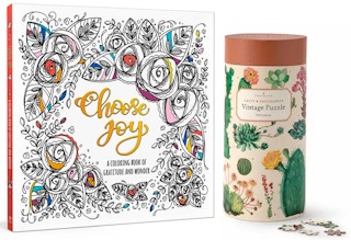 A coloring book and succulent puzzle in a tube on a white background.