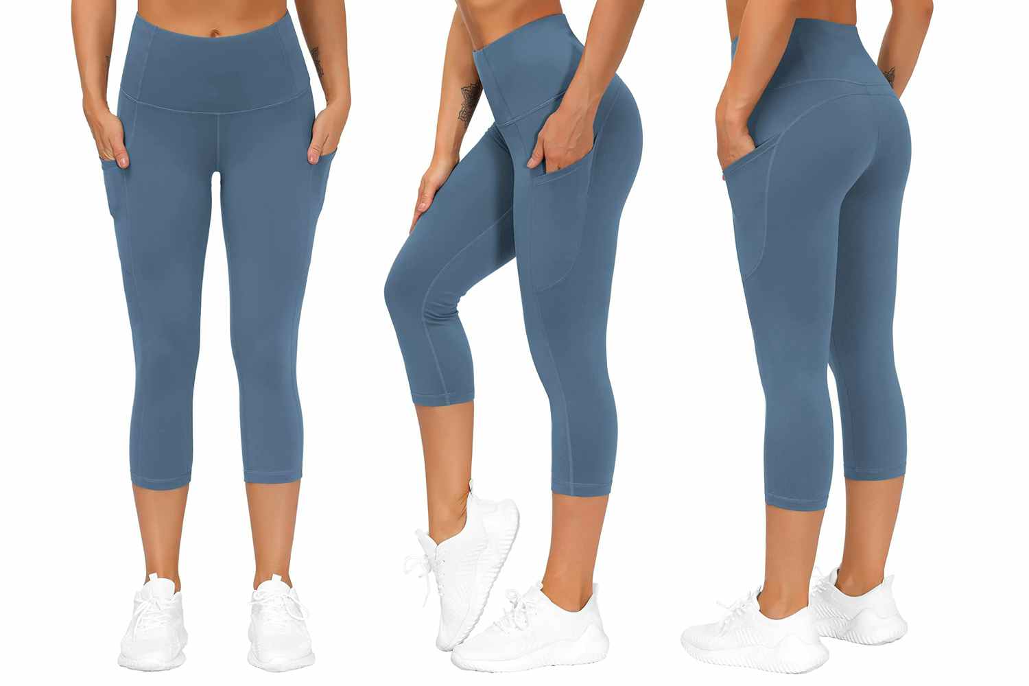 The Gym People Thick High Waist Yoga Pants w/ Pockets in smoke blue-gray