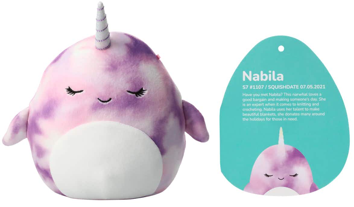 A Squishmallows Sea Life Squad Nabila the Narwhal and tag on a white background.
