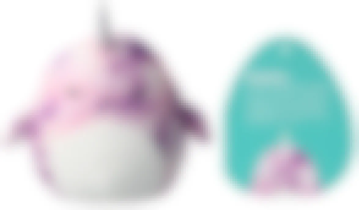 A Squishmallows Sea Life Squad Nabila the Narwhal and tag on a white background.
