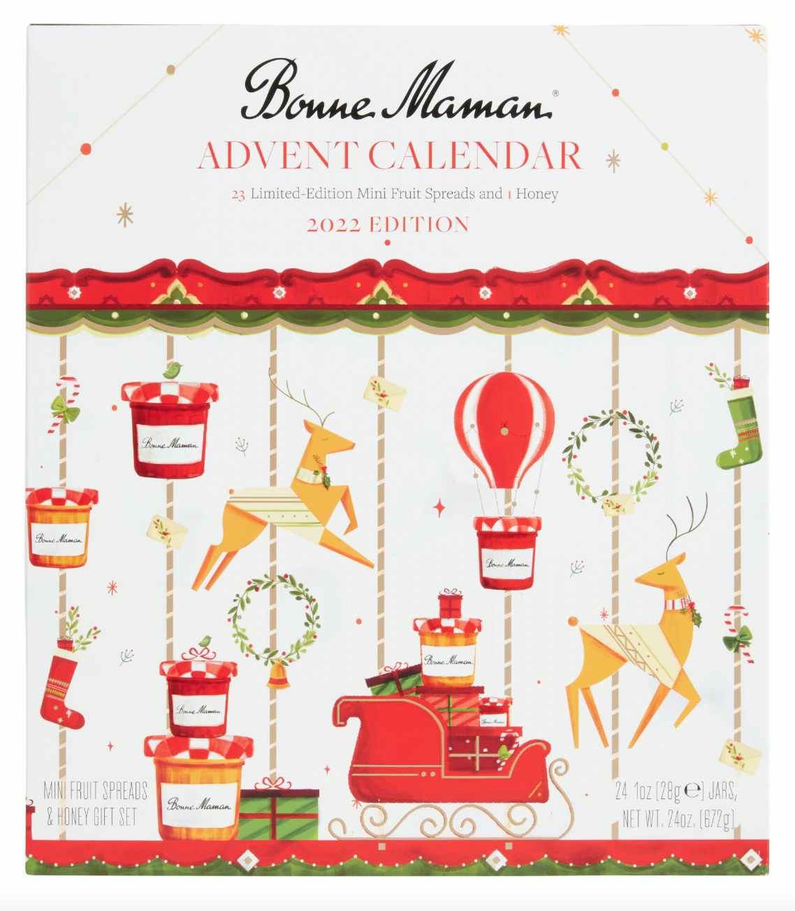 a christmas advent calendar containing mini fruit spreads and honey