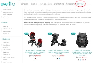 A screenshot of the Outlet page on the Evenflo website.